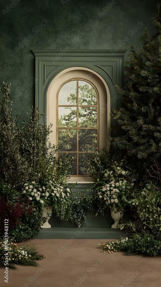 Fototapeta premium Serene window view, lush greenery, elegant window frame, potted plants, nature scene.