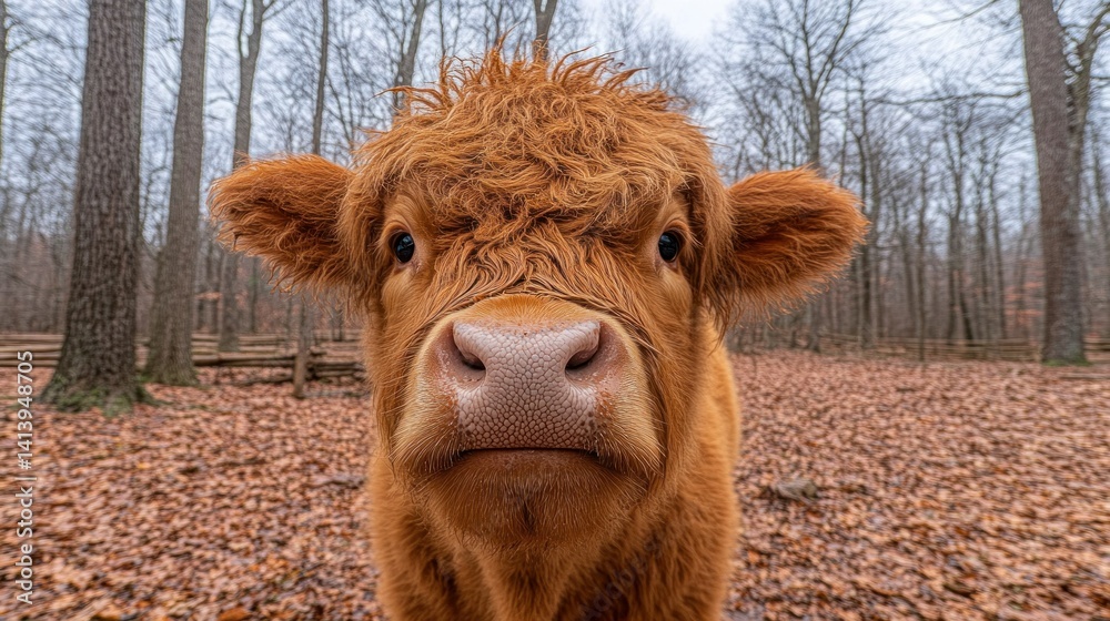 Curious Highland Calf in Autumn Forest Curious Highland Calf in Autumn Forest