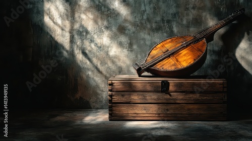 A vintage wooden hurdy-gurdy placed atop textured wooden crate, atmospheric lighting creating artistic depth shadow play