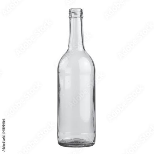 Clear glass bottle with a narrow neck and wide body, suitable for various beverages.