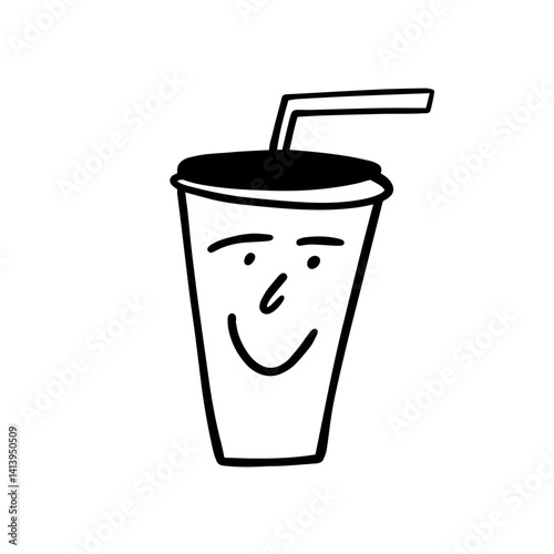 A joyful and colorful cartoon style drink cup that comes with a straw for beverages