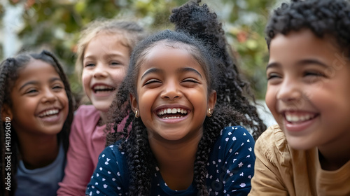 Happy diverse children and woman laughing together outdoors