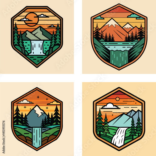 Vector Illustration Set Of Mountain Landscape Badges With Waterfall And Pine Trees
