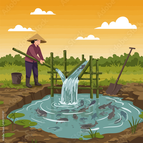 Farmer Works with Bamboo Irrigation System for Fish Pond
