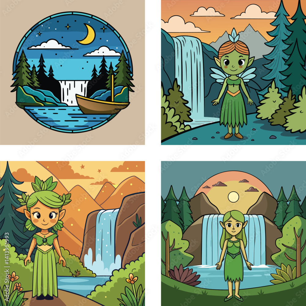 Fototapeta premium Cute Cartoon Forest Fairies Near Waterfalls At Night And Sunset Illustrations