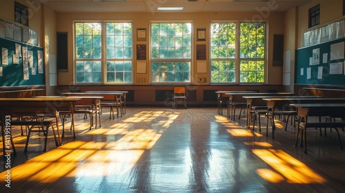 A vacant classroom, with the floor shining under the sunlight, and chairs neatly tucked under desks