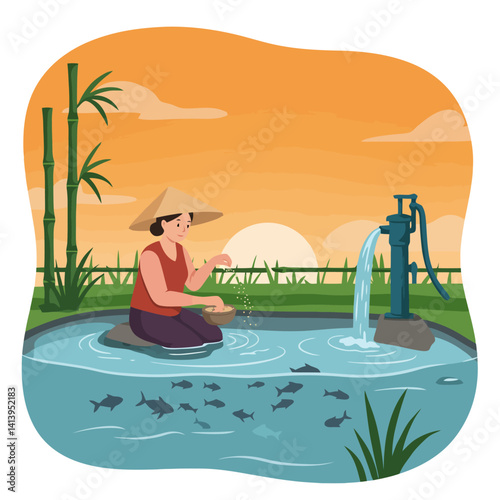 Woman Feeding Fish in Pond at Sunset with Water Pump