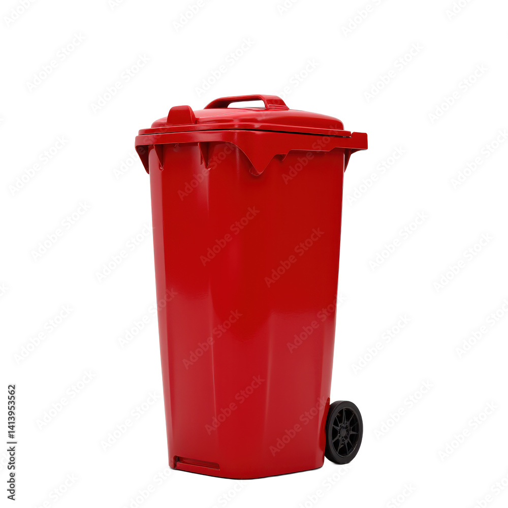 A bright red plastic trash bin with wheels and a lid, perfect for outdoor use. A bright red plastic trash bin with wheels and a lid, perfect for outdoor use.