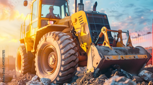 A large yellow earthmover at a construction site during daylight