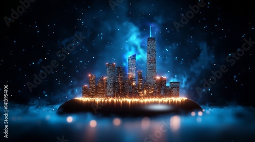 Futuristic city skyline illuminated in a misty atmosphere