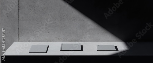 Minimalist Concrete Mockup: Three Blank Notebooks on a Modern Surface