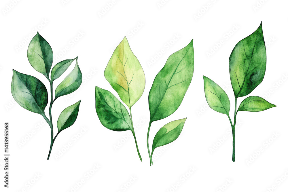 Obraz premium collection of watercolor illustrations of various green leaves showcasing their shapes and colors ideal for design or botanical projects
