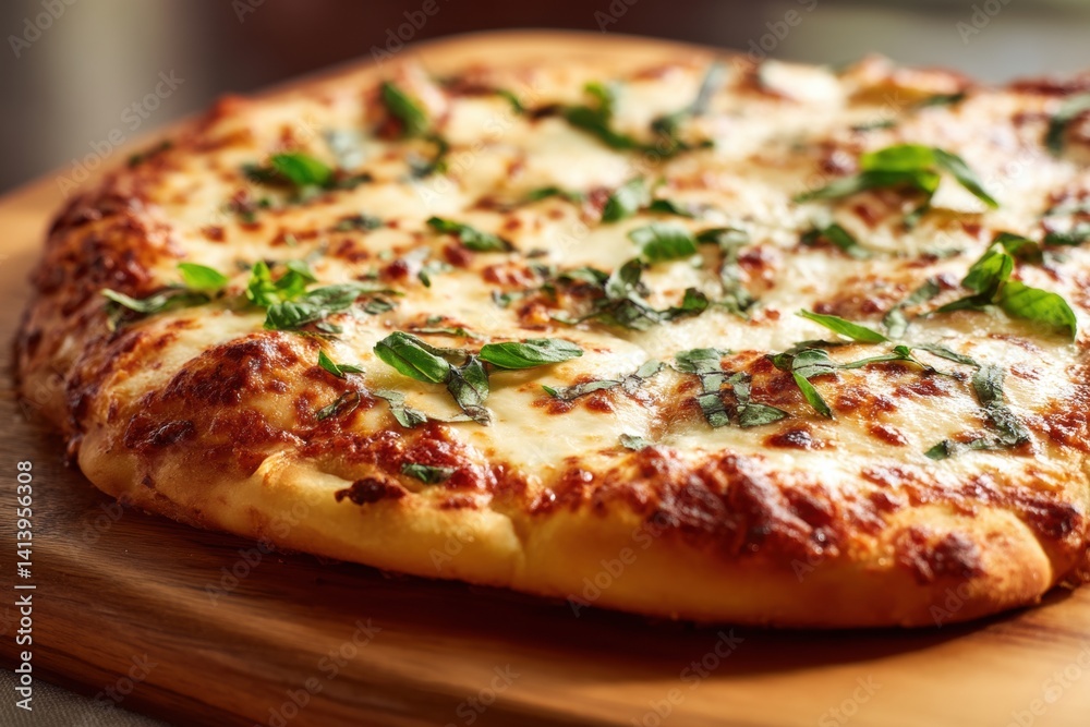 Freshly Baked Pizza with Crisp Crust and Basil Garnish in Natural Light Freshly Baked Pizza with Crisp Crust and Basil Garnish in Natural Light