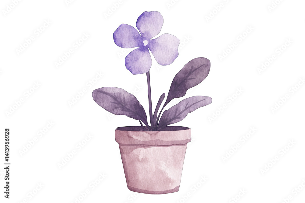 Naklejka premium a watercolor illustration of purple flower in a terracotta pot showcasing nature's beauty and simplicity the soft colors and gentle lines evoke a calming serene vibe