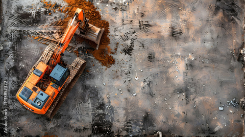 An orange excavator operates on a construction site moving earth