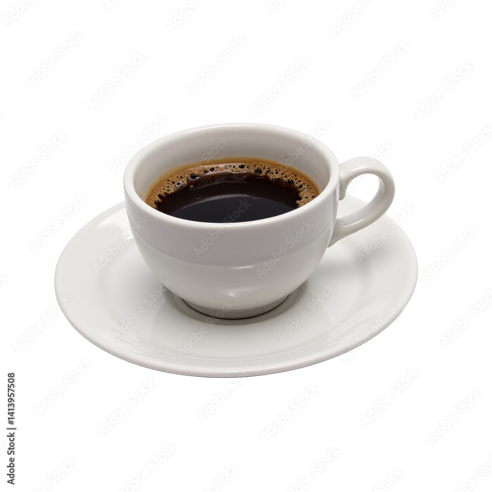 A classic white espresso cup filled with rich, dark coffee on a matching saucer. A classic white espresso cup filled with rich, dark coffee on a matching saucer.