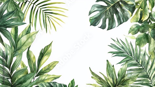 Fototapeta Naklejka Na Ścianę i Meble -  Watercolor illustration of various green tropical leaves framing white space