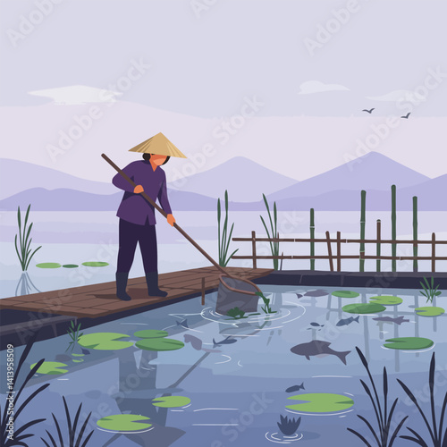 Person Fishing in Pond with Net and Traditional Hat