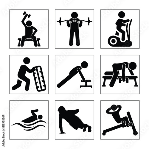 Various Gym Workout Icons Set Featuring Exercise Illustrations For Fitness Concepts
