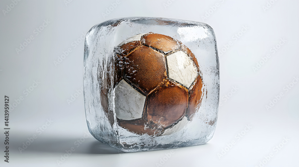 Half-submerged football inside crystal-clear ice block photographed on clean white studio background, captured to express surreal contrast, cool textures, and winter-inspired visual concept.