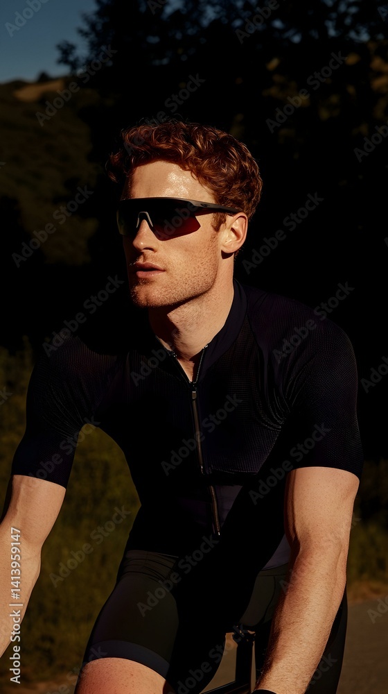 Obraz premium A redhead cyclist in a black cycling outfit and sunglasses, outdoors on a sunny day.