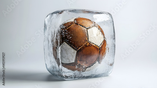 Half-submerged football inside crystal-clear ice block photographed on clean white studio background, captured to express surreal contrast, cool textures, and winter-inspired visual concept.