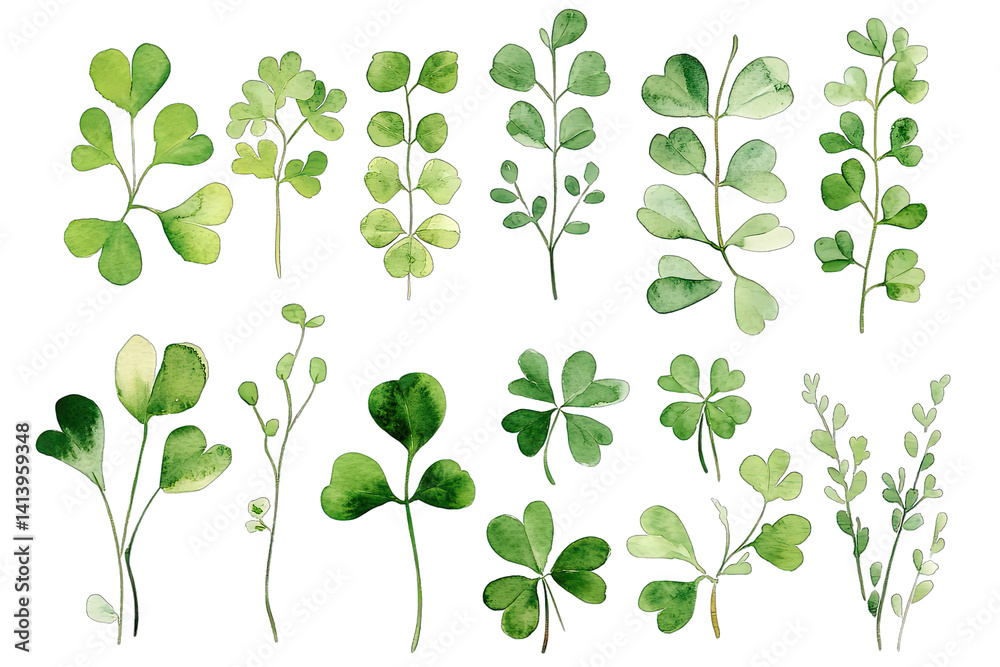 collection of watercolor illustrations of various green leaves and plants showcasing different shapes and shades of green ideal for design or botanical purposes collection of watercolor illustrations of various green leaves and plants showcasing different shapes and shades of green ideal for design or botanical purposes