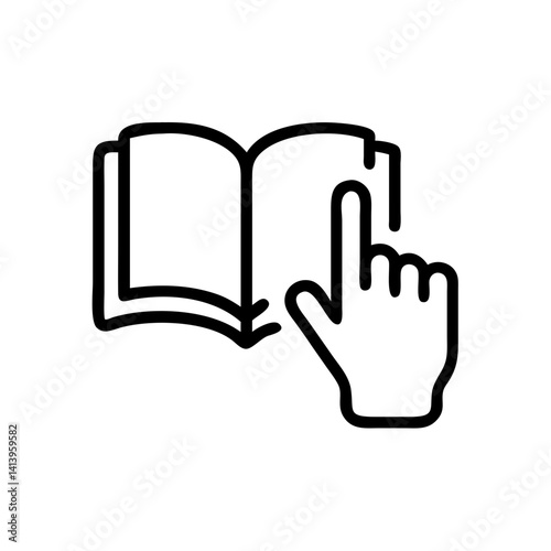 Book and hand with pointing finger , black icon 