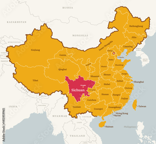 Map of Shicuan province, China, with country border, name, and capital