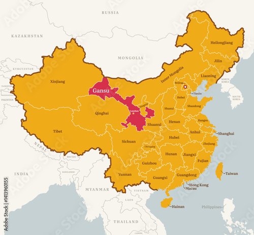 Map of Gansu province, China, with country border, name, and capital
