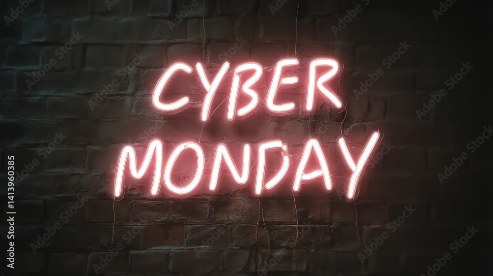 Obraz premium Cyber Monday Neon Sign Pink Glowing Letters on Brick Wall