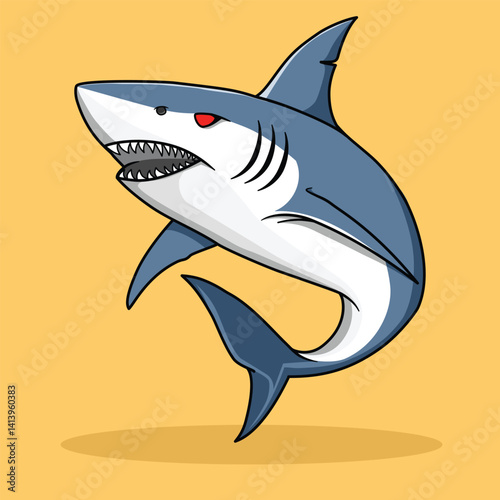killer white shark with red eyes cartoon flat illustration, isolated sea creature concept, flat cartoon style