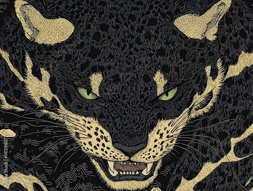 Close-up illustration of a snarling big cat, detailed fur texture, dark tones, artistic style.