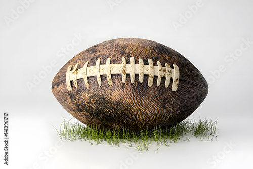 Obraz na płótnie Realistic football with subtle grass stains and dirt marks photographed on clean white studio background, showcasing authentic worn surface ideal for sports concepts editorial design use. w salonie