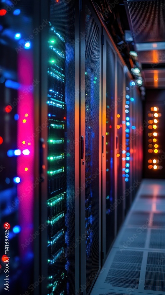 Server racks illuminated in data center aisle Server racks illuminated in data center aisle