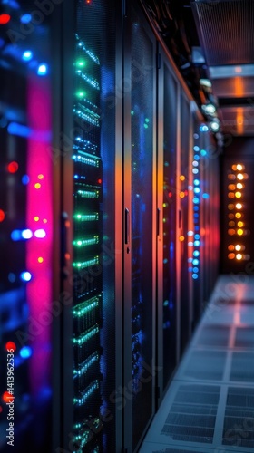 Server racks illuminated in data center aisle
