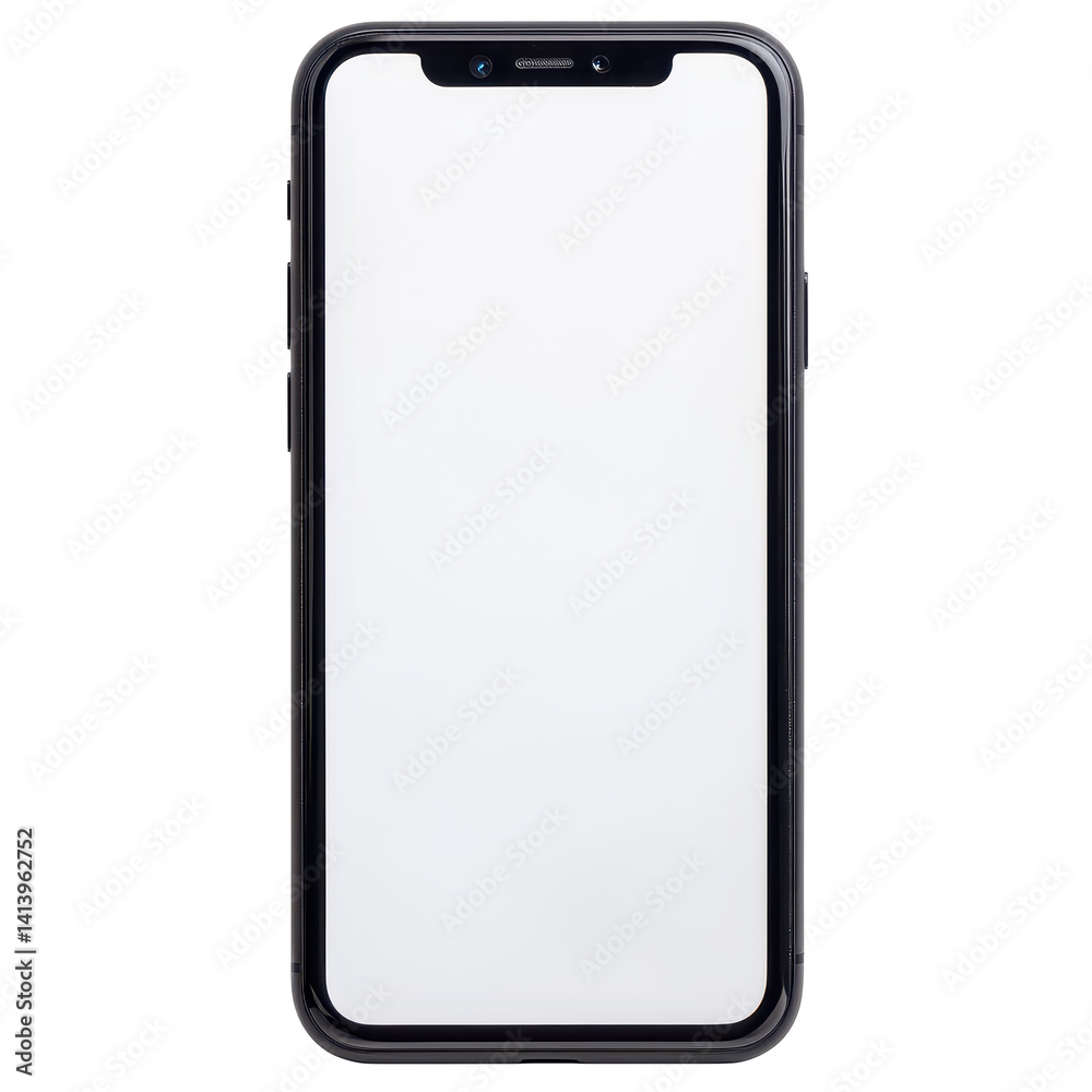 Modern smartphone with sleek black frame and large touchscreen display on transparent background for technology design or communication concept. Modern smartphone with sleek black frame and large touchscreen display on transparent background for technology design or communication concept.