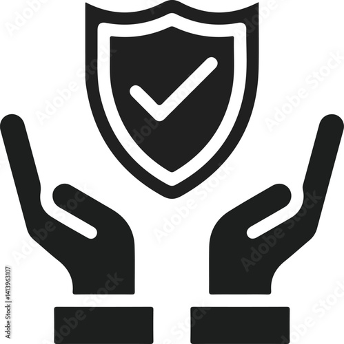 Hands holding a shield with check mark icon representing security, protection, safety, verification, and trust in flat black design
