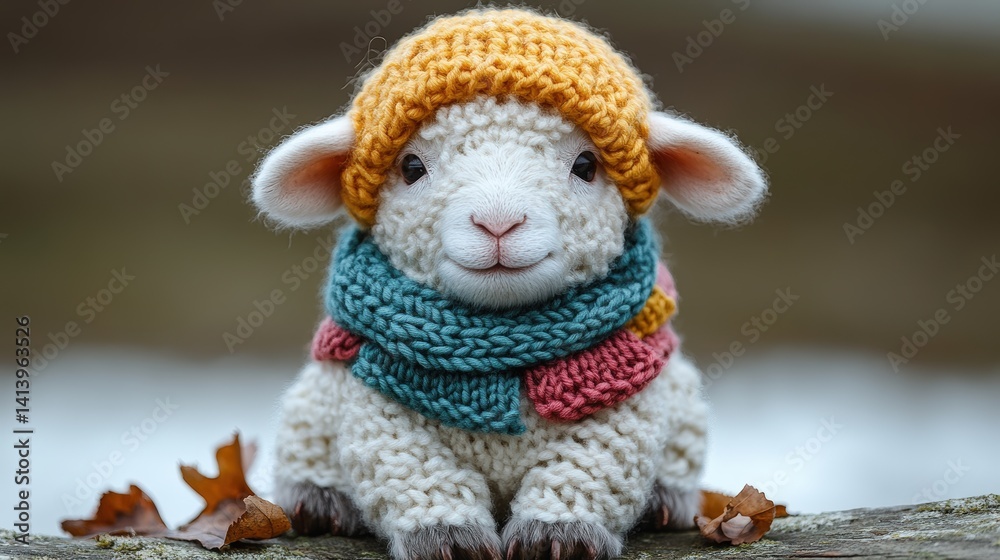 Adorable lamb wearing knitted hat and scarf against a blurred background Adorable lamb wearing knitted hat and scarf against a blurred background