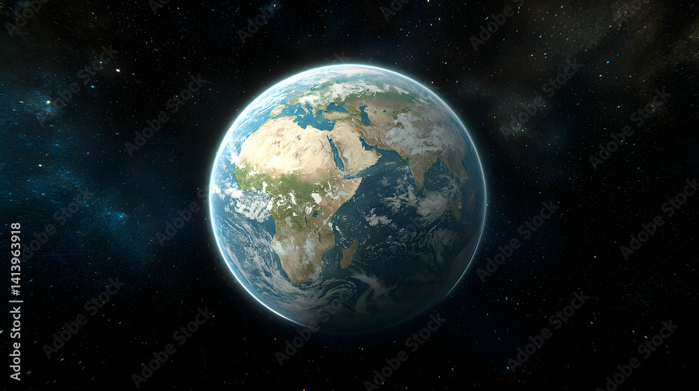 Realistic Planet Earth Displaying Continents and Oceans in Dark Starry Space Realistic Planet Earth Displaying Continents and Oceans in Dark Starry Space