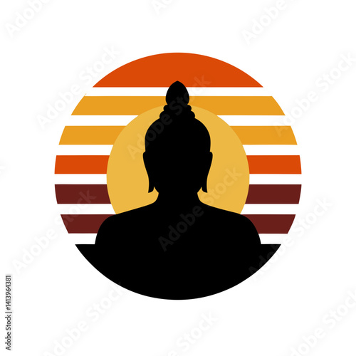 Black silhouette of Buddha head on sunset striped design