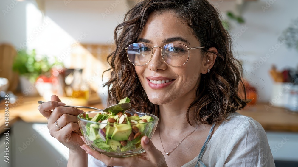 Avocado almond salad held by smiling woman with wavy brown hair in casual linen clothing sitting at sunny kitchen counter with fresh mixed greens and vegetables Avocado almond salad held by smiling woman with wavy brown hair in casual linen clothing sitting at sunny kitchen counter with fresh mixed greens and vegetables