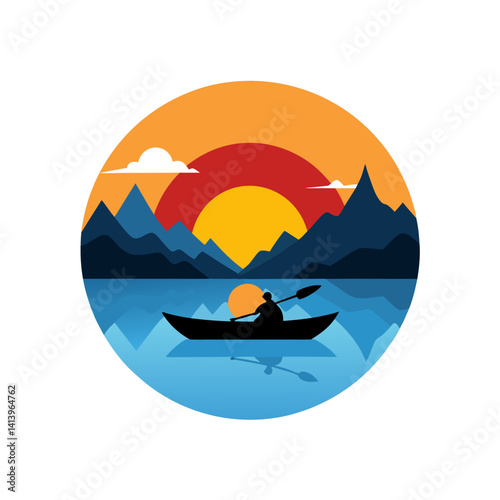 Kayaker paddling during sunset in nature scene