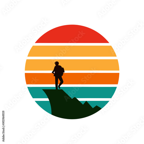 Hiker on cliff edge with retro striped sunset view