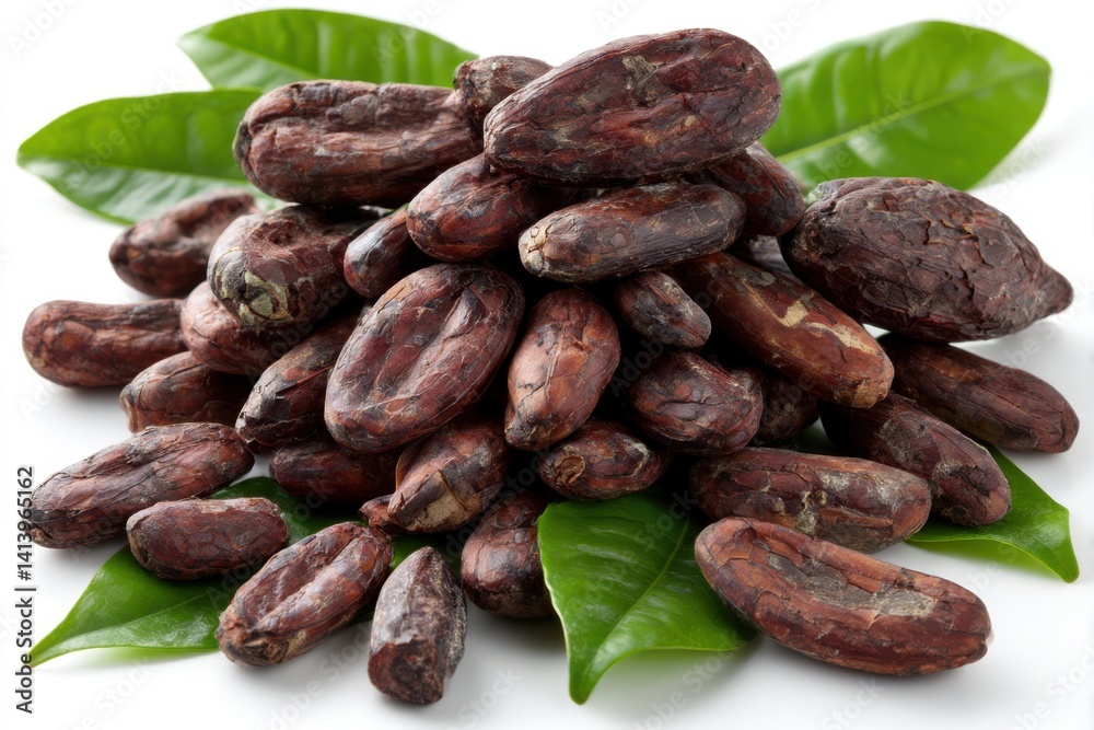 Obraz premium Pile of cacao beans with leaves on white background