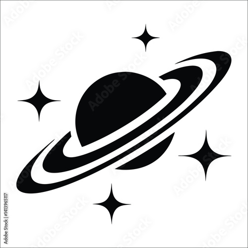 Saturn Icon – Black and White Ringed Planet with Stars Symbol