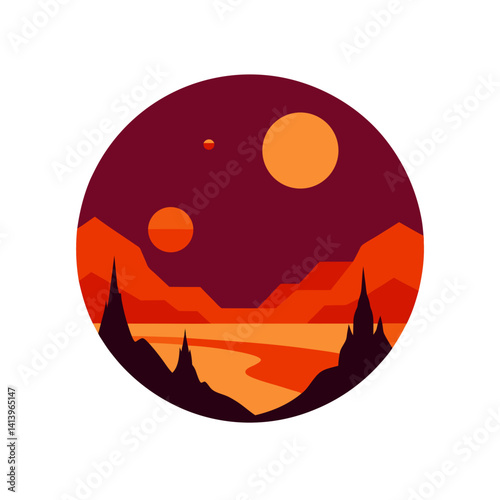 Landscape of alien world with twin suns silhouette