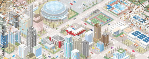 雪が降る冬の街並みのイラスト. アイソメ図. 