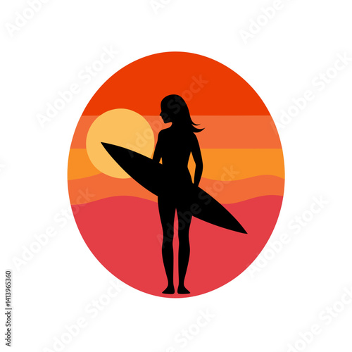 Surfer girl illustration with summer dusk backdrop