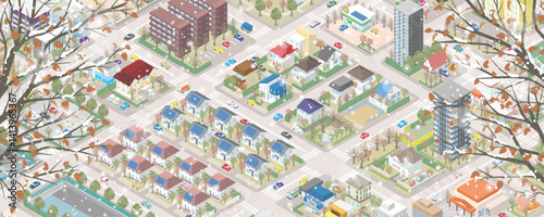雪が降る冬の街並みのイラスト. アイソメ図. 